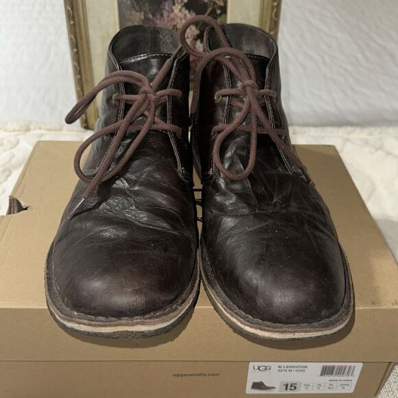 UGG 15 Men’s Leighton 3275 M Chocolate Brown Tan Soles Leather Twinsole Boots - Picture 6 of 16